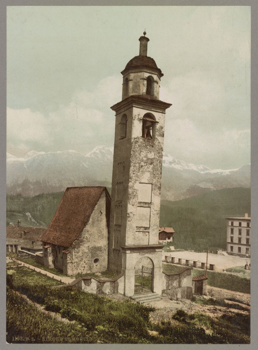 Historische Farbaufnahme der Mauritiuskirche mit dem Schiefen Turm um 1890